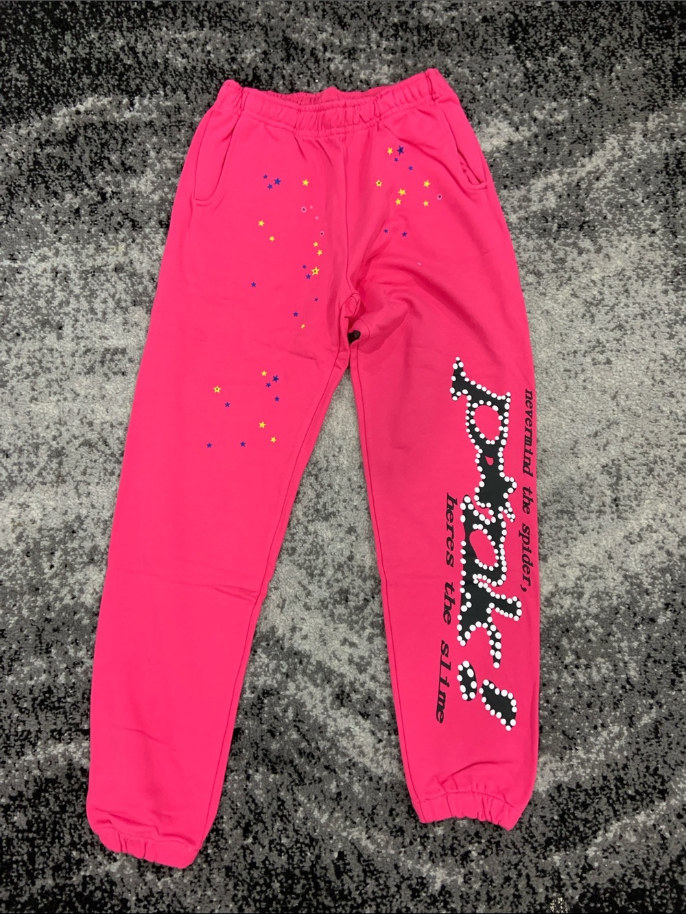 Spider P*NK! Puff Sp5der Pink Black Sweatpants Cuffed Joggers for Men Size Large